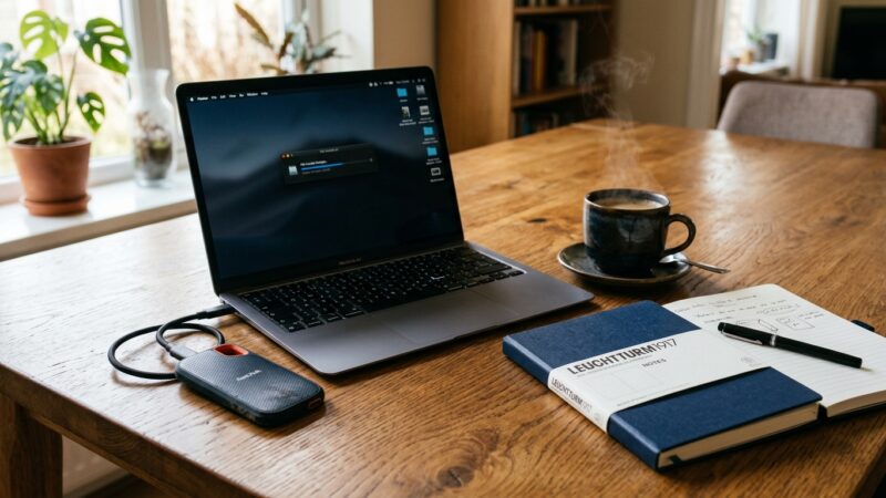 Robuste portable SSD Festplatte per USB-C am Laptop für 3-2-1 Datensicherung am Esstisch